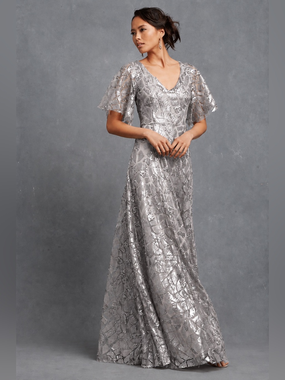 NWT 'Camilla' Sequin Flutter Sleeve Gown